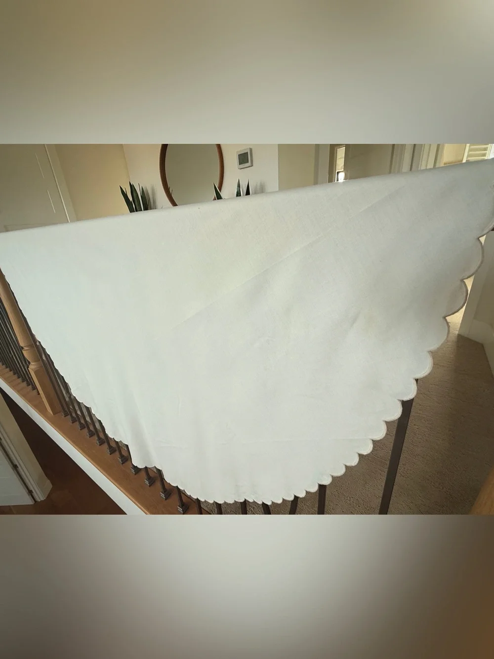 Made in Portugal 66” Round Tablecloth cream Scalloped Edge Linen Look Unused